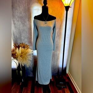 Heather Grey Off Shoulder Bodycon Maxi Dress-Long Sleeve, mermaid bottom
